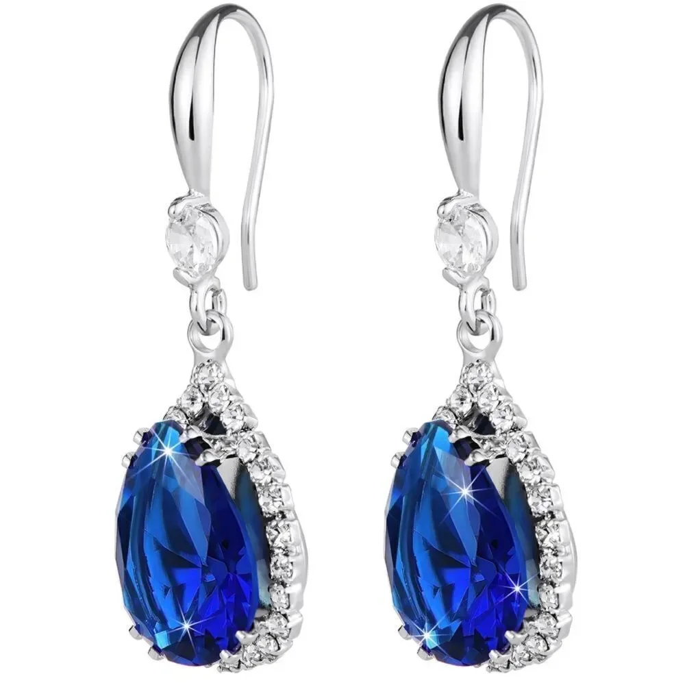 14K White Gold with Blue Sapphire Cubic Zirconia Teardrop Hook Dangle Earrings